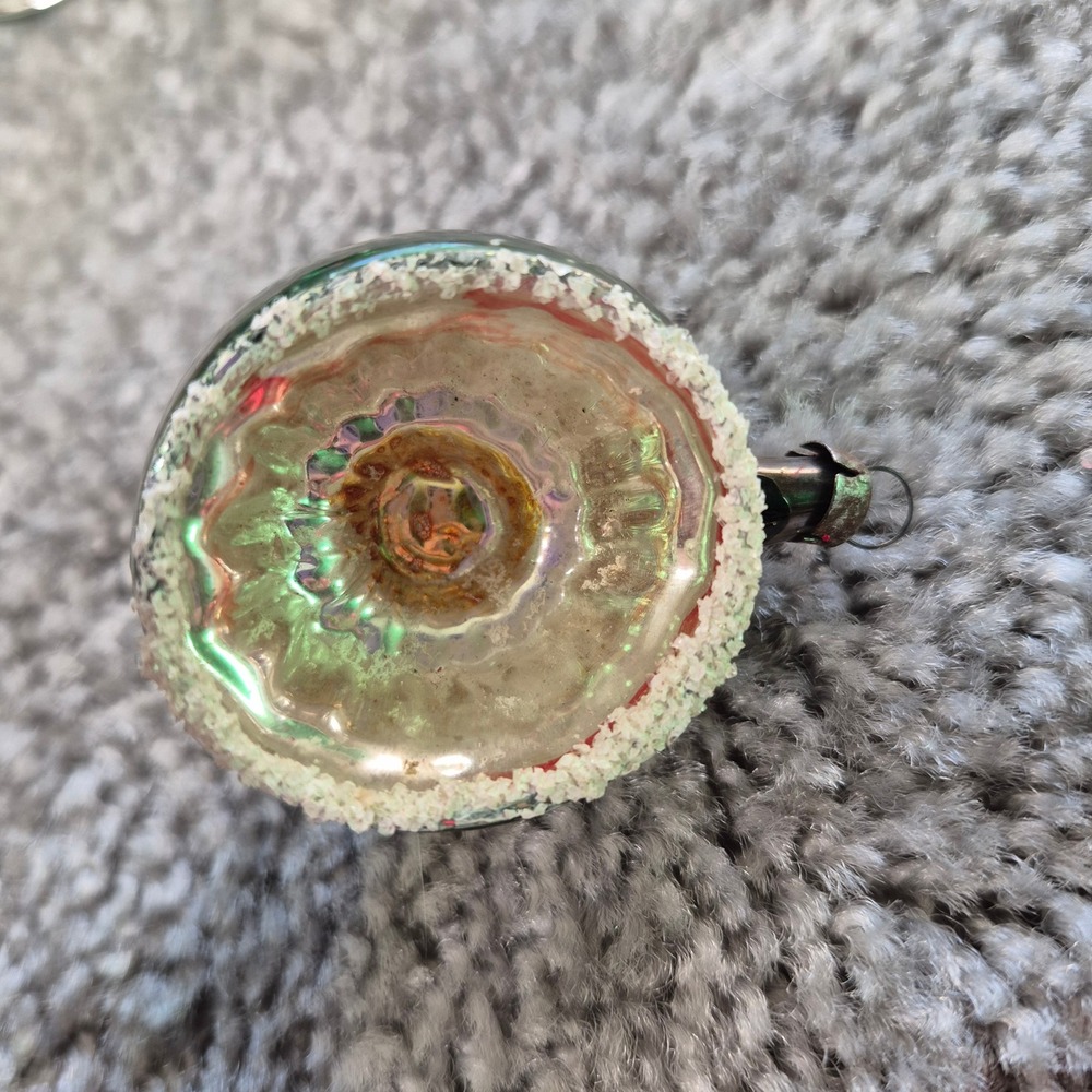 Vintage Green Mercury Glass Reflector Christmas Ornament Indent Mica Glitter